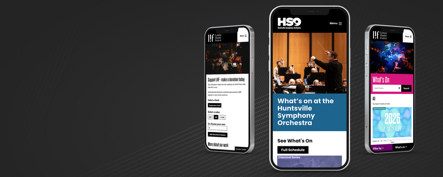 Three phones show London Handel Festival and HSO's websites