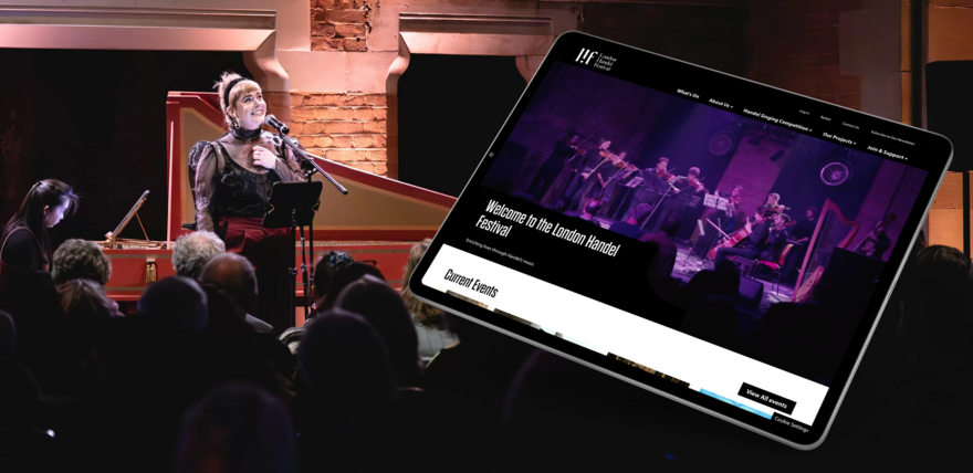 Over an image of a performer sits a tablet showing the London Handel Festival home page