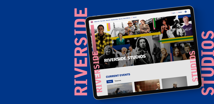 Over a blue background, a tablet shows the Riverside Studios website