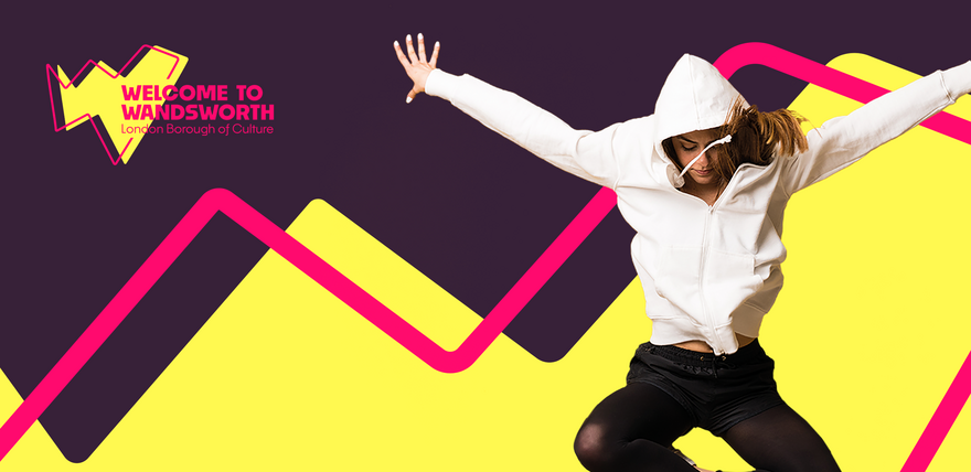 Welcome to Wandsworth branding and an image of a dancer
