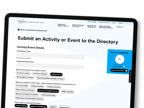 A tablet shows the 'Submit an Activity or Event to the Directory' upload form on the Wandsworth FIS website.