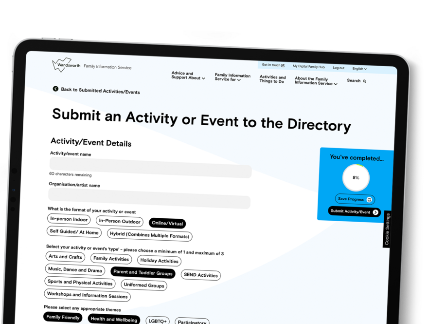 A tablet shows the 'Submit an Activity or Event to the Directory' upload form on the Wandsworth FIS website.