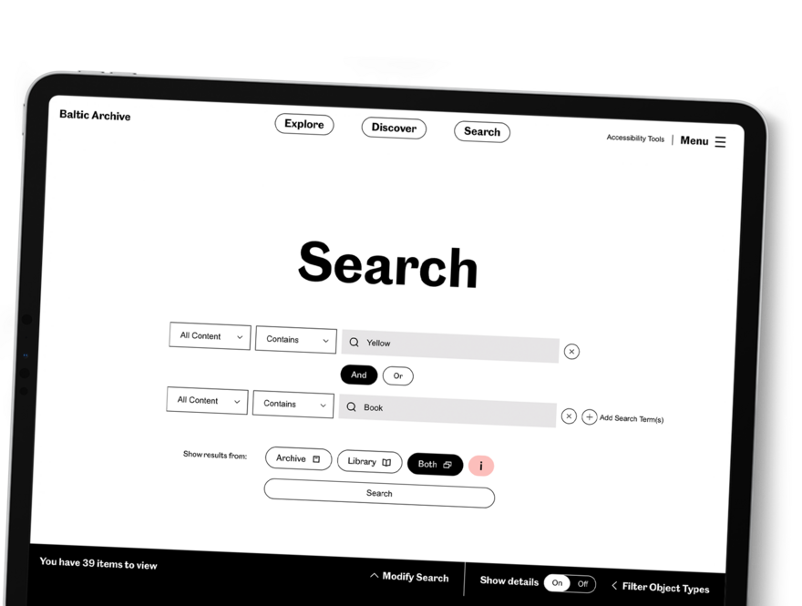 A tablet shows the 'Search' area of the BEAM Archive website, with two 'and' searches entered.