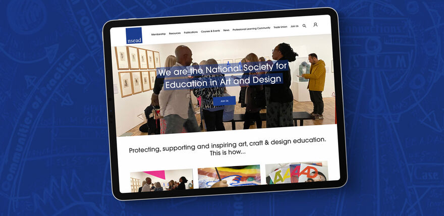 A screenshot of the NSEAD website on a blue patterned background
