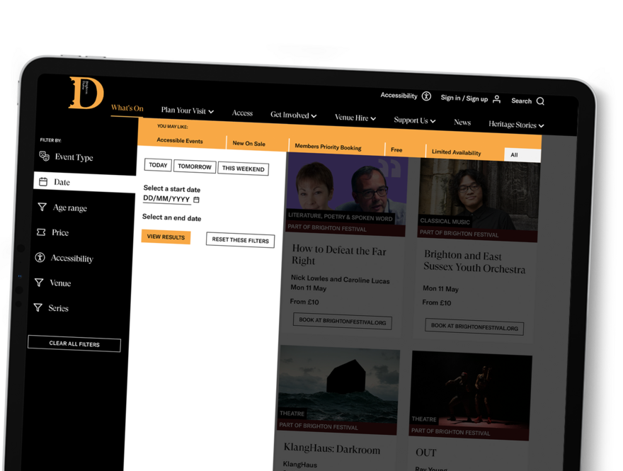 A tablet shows the Brighton Dome What's On page with the date filters open.