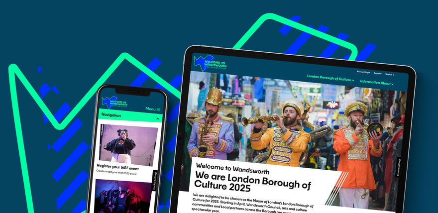 Image of patterned W with an iPhone and iPad overlaying both showing the Welcome to Wandsworth website