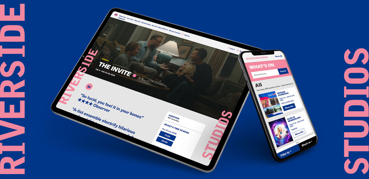 An iPad and iPhone shows the Riverside Studios website. Either side of the iPad is the words Riverise Studios written vertically in pink. This is on a deep blue background. In the bottom left corner is the Riverside Studios logo