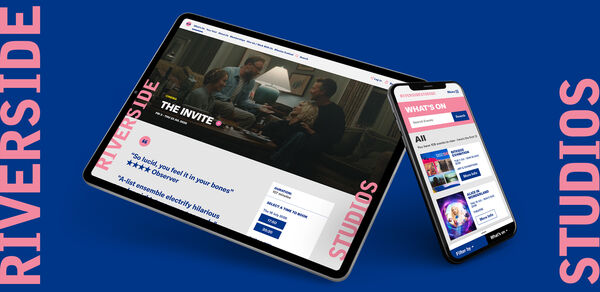 An iPad and iPhone shows the Riverside Studios website. Either side of the iPad is the words Riverise Studios written vertically in pink. This is on a deep blue background. In the bottom left corner is the Riverside Studios logo