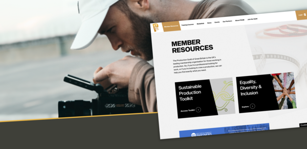 Man holding camera with a image of PRG Member resources page on top