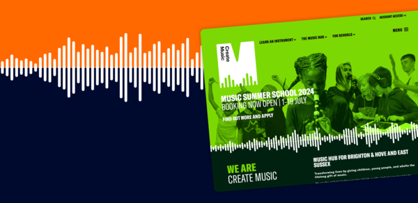 A screenshot of the Create Music website over a part orange part dark blue background, separated by sound waves. In the bottom left is the Create Music logo