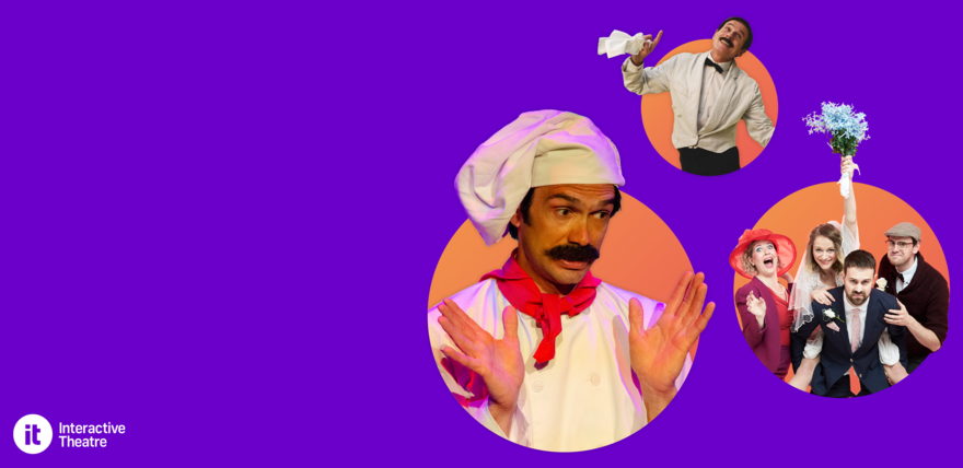 Three circles show imagry from productions put on by Interactive Threatre International, with their logo in the bottom left corner. This is on a bright purple background.