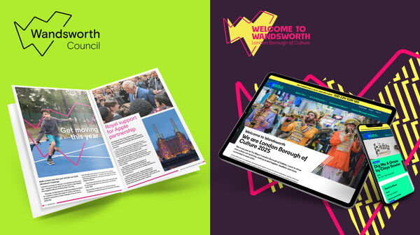 On the left is the Wandsworth Council logo and Brightside Magazine on a green background. On the right is the Welcome to Wandsworth logo and devices showing their website on a purple background