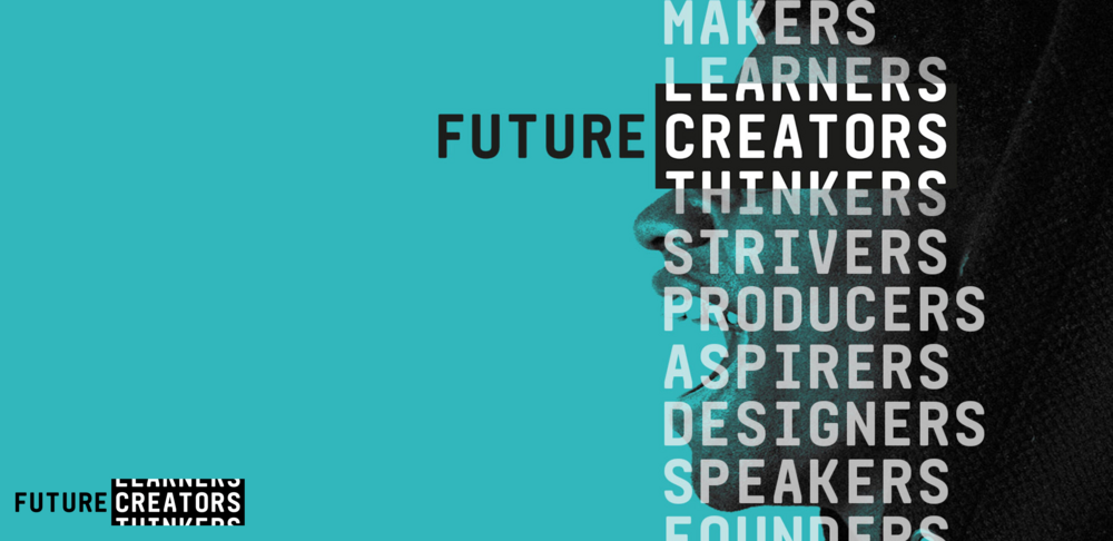 A person with their mouth open looking to the left, overlayed is the future creators logo, expanded to have a list of words above and below the workd 