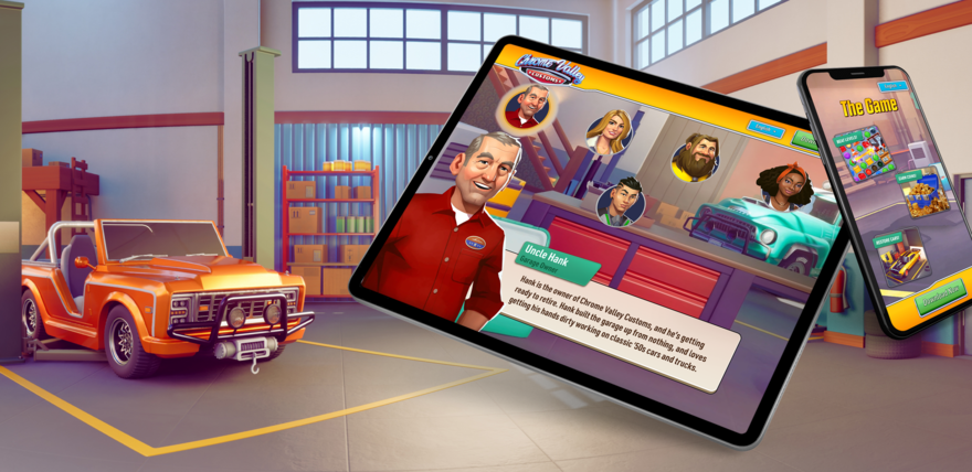Over artwork of the garage, two devices show the website