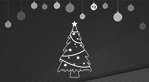 On a grey background there is a christmas tree and 12 baubles.