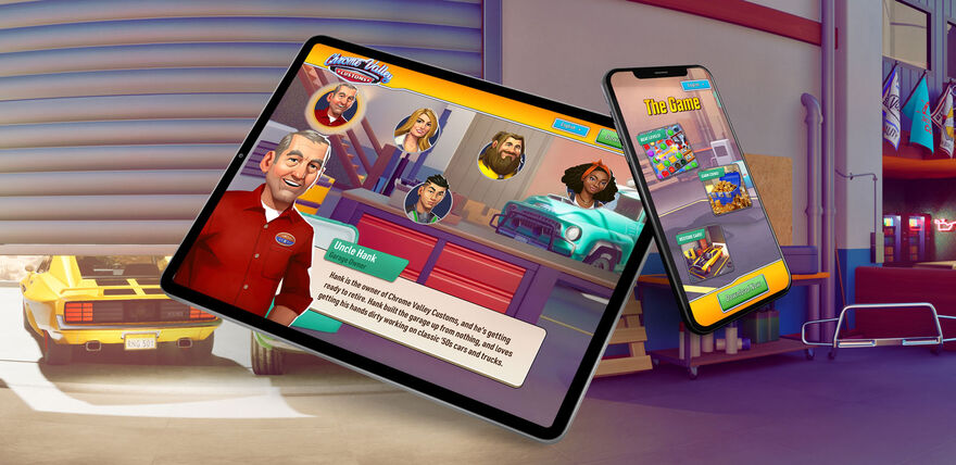 Over artwork of the garage, two devices show the website