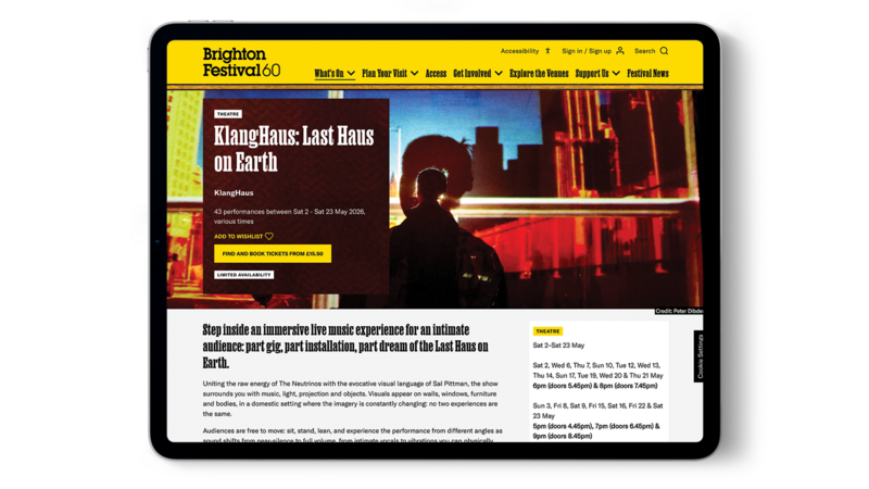 A tablet shows an event page for Brighton Festival.