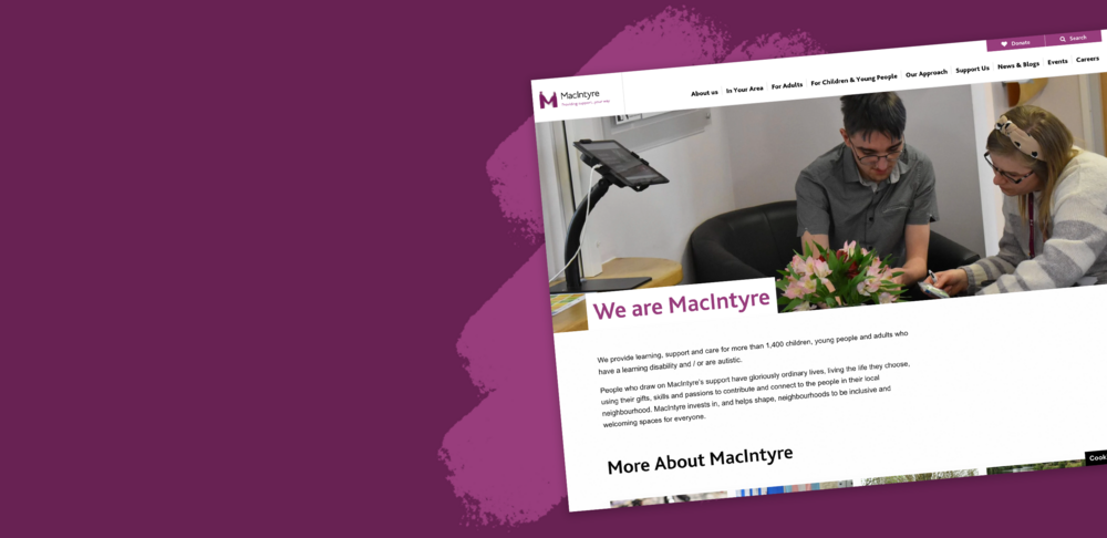 A screenshot of the MacIntyre website over a purple background with a lighter purple paint stroke under the screenshot