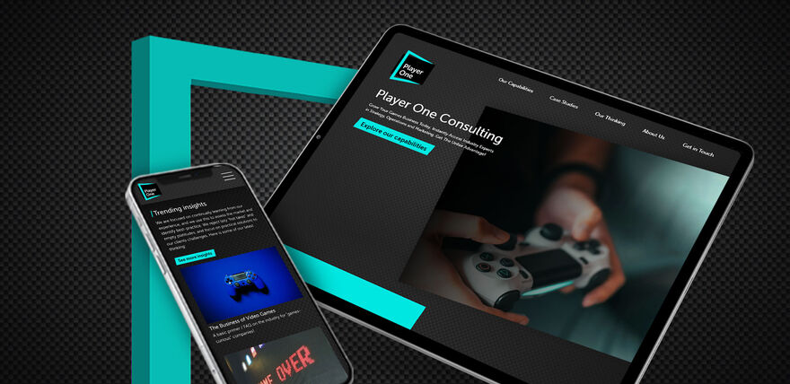 An iPad and a phone show the Player One Consulting website. There is a textured grey background with a part of the blue frame from their branding. In the bottom left is the Player One Consulting logo