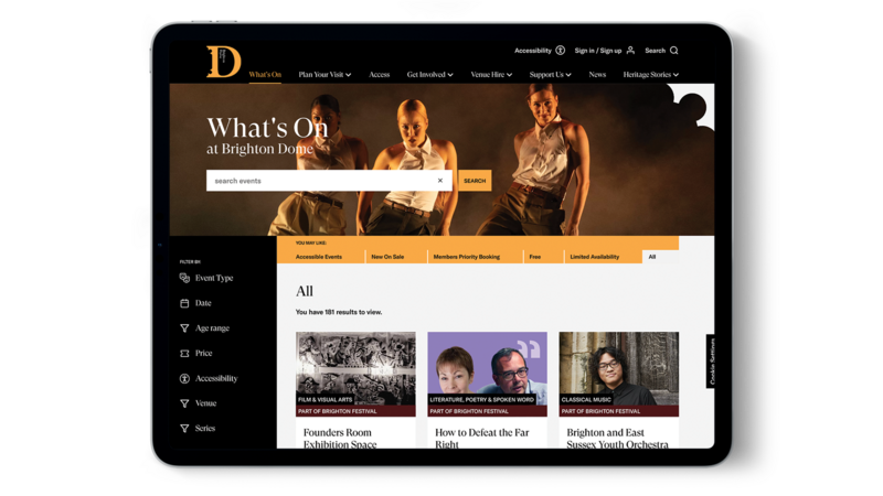 A tablet shows Brighton Dome's what's on page.