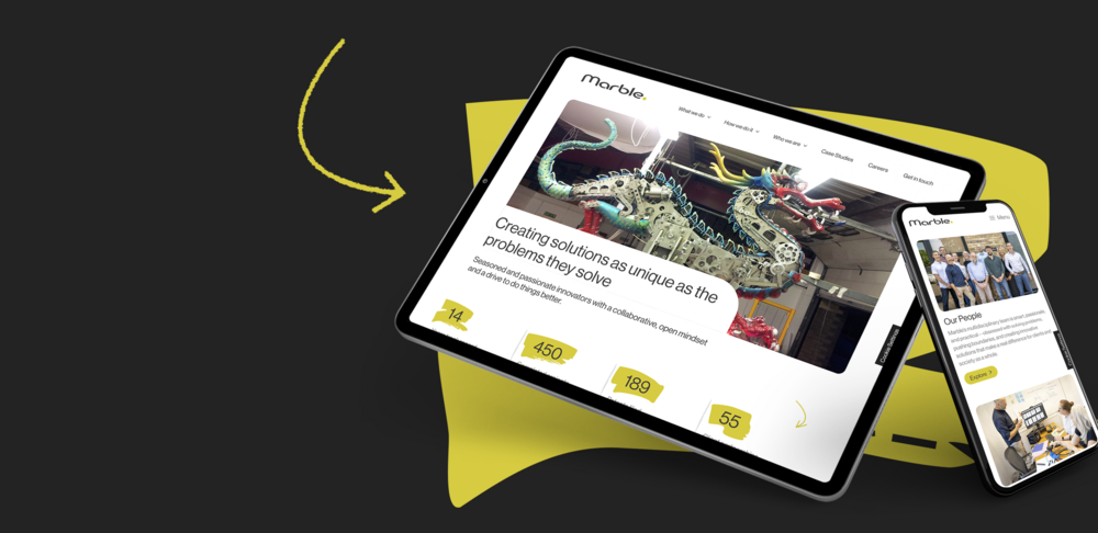 On a grey background are a tablet and phone showing the Marble website. Behind these is a highlighter mark and there us an arrow pointed to them.