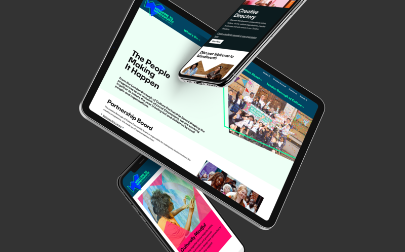 Two phones and a tablet show the website, the tablet can be read to show the 