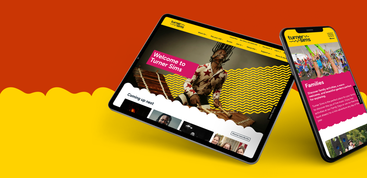 An iPad and phone show the Turner Sims website on an orange and yellow background. In the bottom left is the Turner Sims logo
