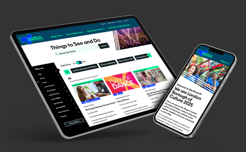 A tablet and a phone show the website, the tablet shows the 'What's On' page and the phone shows the home page