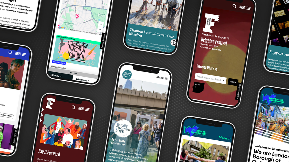 A series of phones showing Brighton Festival, Thames Festival and Welcome to Wandsworth's websites