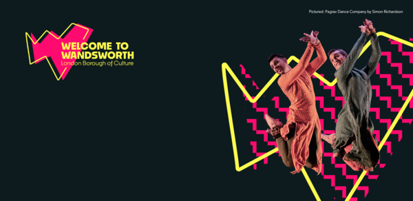 Image of Welcome to Wandsworth branding with two dancers jumping in front of a patterned W
