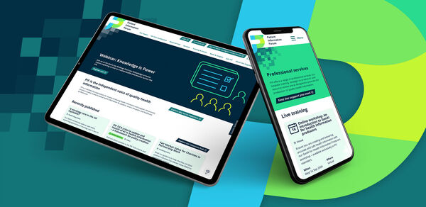 The PIF website on a iPad and iPhone over a zoomed in vesion of their logo on a green/teal textured background