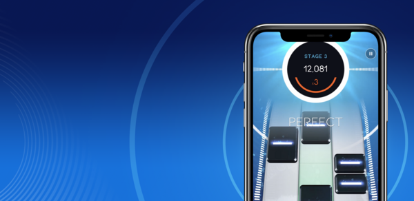A phone showing the Beatstar game on a blue textured background with white circles pulsing from the phone. Inthe bottom left corner is the Space Ape and Beatstar logos