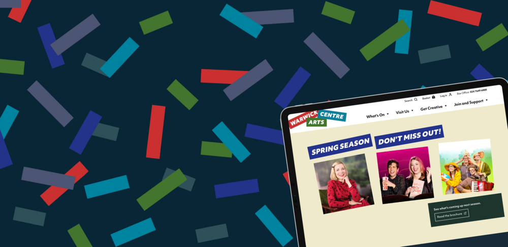 An iPad shows the Warwick Arts Centre website over a dark blue background with random rectagnles scattered over it in blue, red, green and other colours. In the bottom left is the Warwick Arts Centre logo