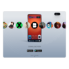 The hero section of the Beatstar website showing a phone going through different songs, download options and a language switcher on a grey background.