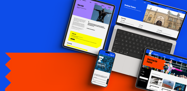 On a blue and orange background, a range of devices show the Brighton Festival website with the 2026 theme