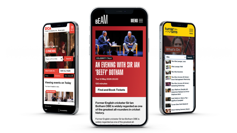 Three phones show the what's on and events pages for BEAM, DCA and Turner Sims' websites.