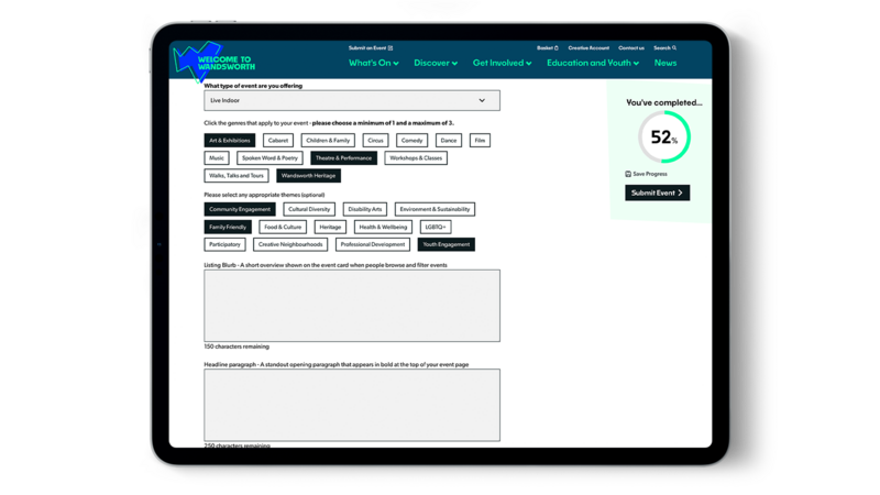 A tablet shows an upload form on Welcome to Wandsworth with several categories selected, we can see that the form is 52% complete.