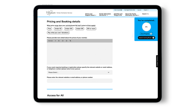 A tablet shows part of an upload form where paragraph text can be added.