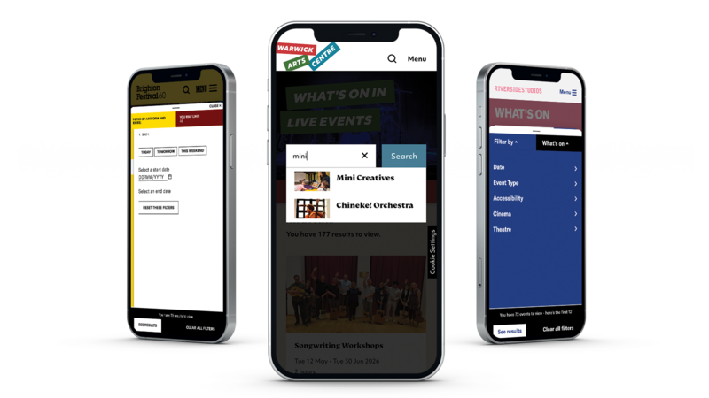 Three phones show the filtering and search capacities of the What's On page design for Turner Sims, Warwick Arts Centre and Riverside Studios.