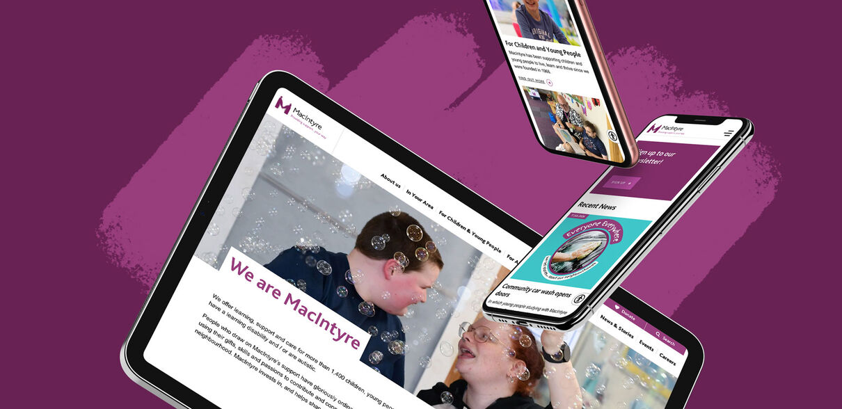 Multiple devices with the MacIntyre website on over a purple background with a lighter purple paint stroke under the screenshot