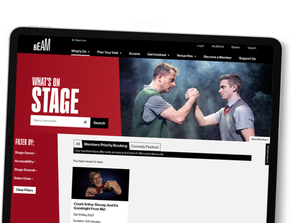 A tablet shows the 'What's On Stage' page of the BEAM website.