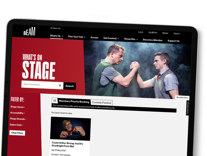 A tablet shows the 'What's On Stage' page of the BEAM website.