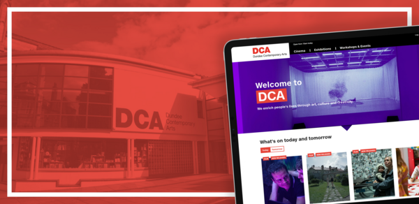 An iPad shows the DCA website over a red-tinted image of the DCA building. There is a white border close to the edge of the image
