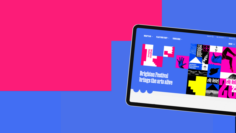 On a pink an blue background is the website on a tablet