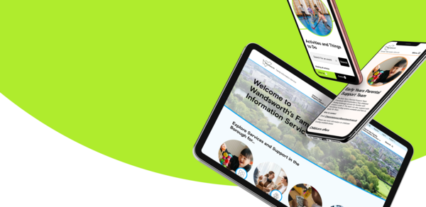 Over a white and green curved background, a series of devices show the website