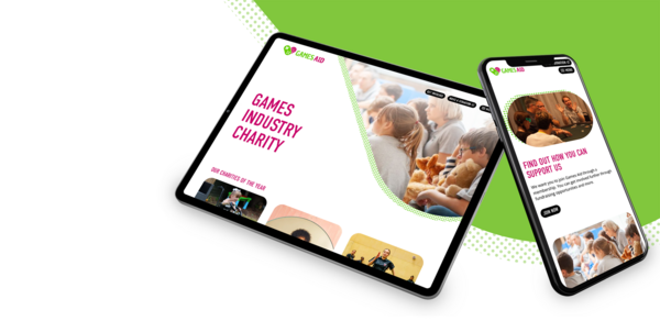 An iPad and a phone lean against each other showing the Games Aid website. In the top right there is a curved green shape, the rest of the background is white