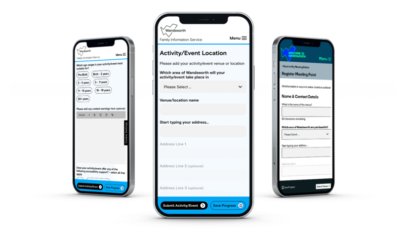 Three phones show the upload forms on the Wandsworth FIS and Welcome to Wandsworth websites.