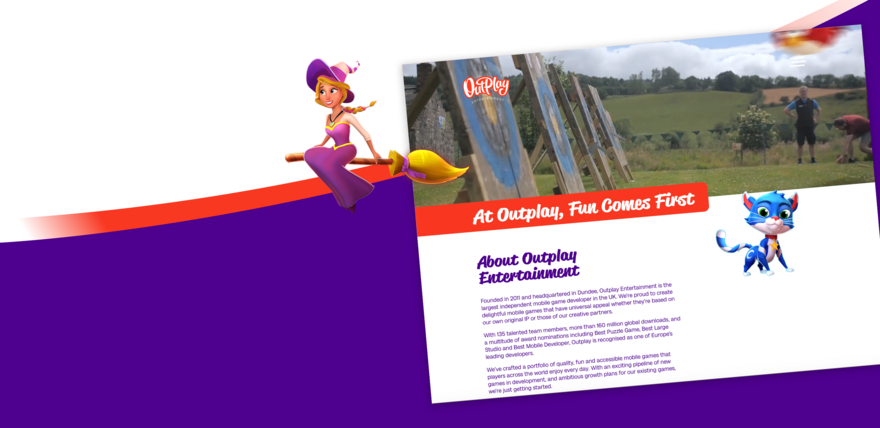A screenshot of the Outplay website. The background has a bright purple section and whote section divided by an orange line with a character they have made sat on the line. In the bottom left corner is the Outplay logo.
