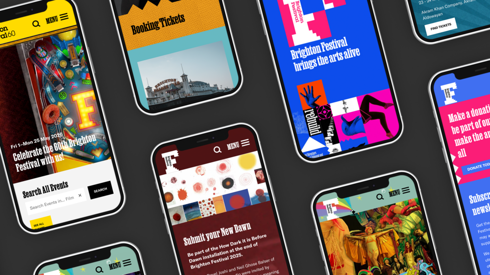 A grid showing a series of phones display various pages of the Brighton Festival website over the years