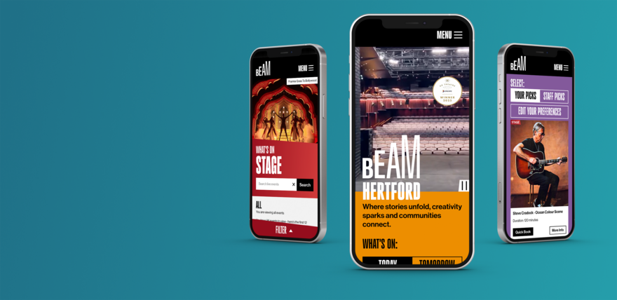 Three phones show the website on a blue background